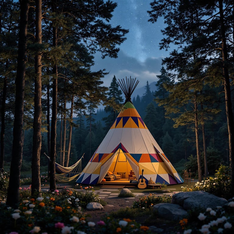 A colorful teepee glows warmly in a quiet pine forest under a starry sky. A hammock swings gently between the trees and a guitar waits by the entrance, ready for campfire songs. Flowers bloom all around, making the campsite feel cozy and magical.