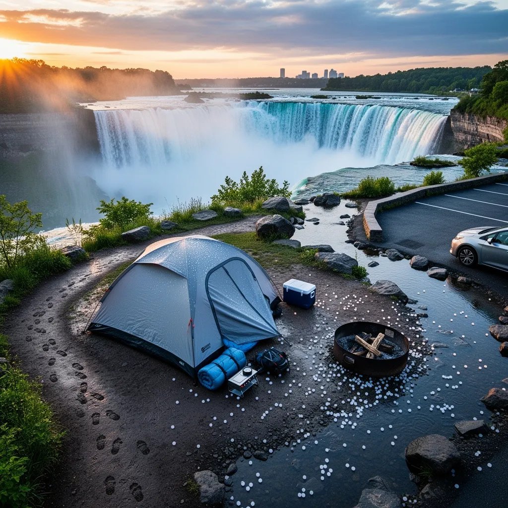 A cozy tent sits on rocky ground near a rushing waterfall, with golden sunrise light glowing through the mist. Wet stones sparkle from fresh hail, and a tiny stream and dirt path twist quietly through the peaceful campsite.