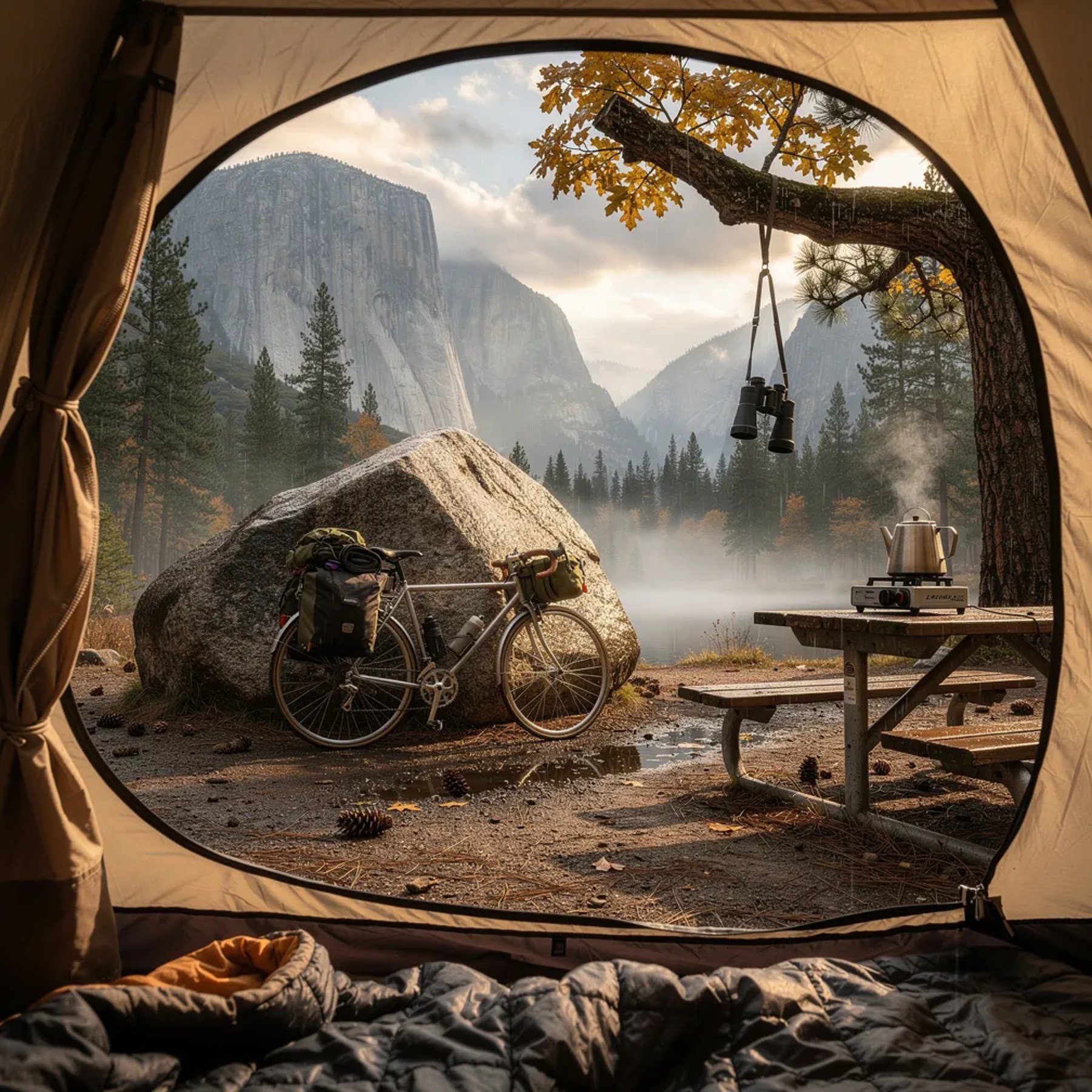 A tan tent sits in a Yosemite campground on a cool autumn afternoon, with misty air and wet pine needles after a quick rain. Sunlight breaks through the clouds and warms a big granite boulder near the campsite. A bicycle leans by the rock, and a picnic table holds a small stove and kettle. Binoculars hang from a low branch with a few golden leaves, ready for adventure.
