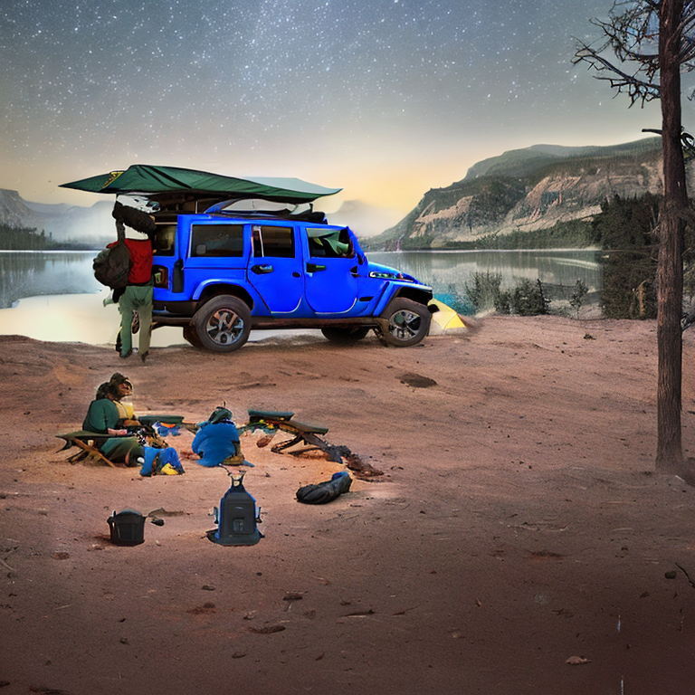 A blue Jeep with an open rooftop tent rests beside a quiet lake under a star-filled sky. A warm campfire glows through the fog, while a distant hiker’s flashlight shines nearby.