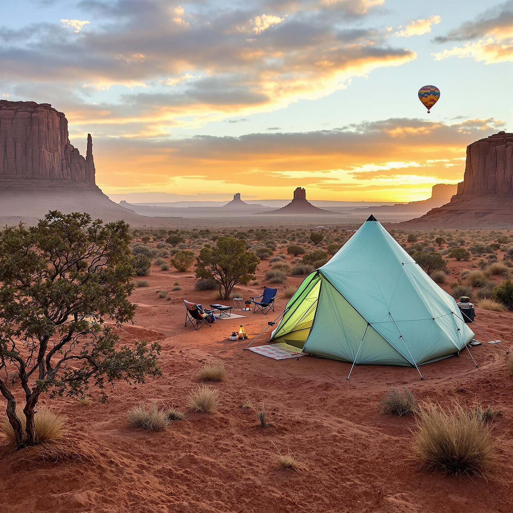 A mint green tarp shelter rests among small trees in Monument Valley as the sun sets. Hikers relax in camping chairs while a hot air balloon floats far away. The warm, dreamy light makes the desert camp feel peaceful.