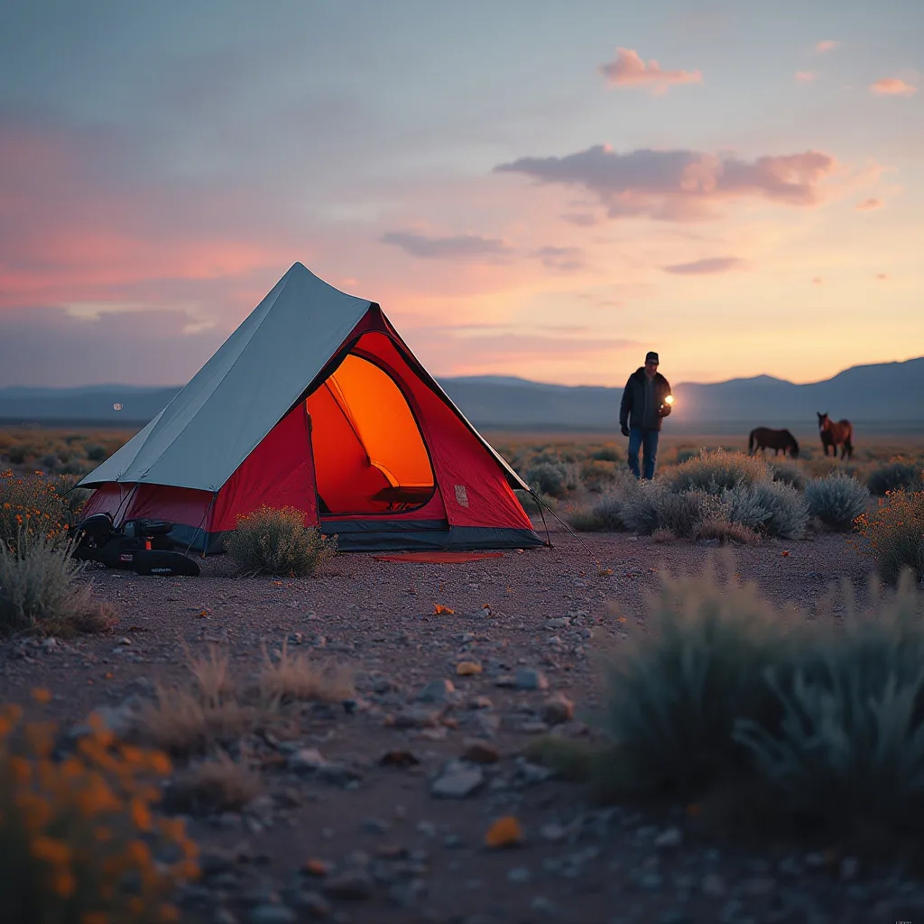 A red and white tent sits among stones, fallen leaves, and small desert flowers in New Mexico. Rainy evening light fills the campsite, while a person with a flashlight and wild horses appear in the distance.