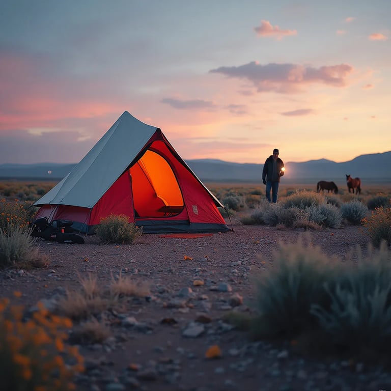 A red and white tent sits among stones, fallen leaves, and small desert flowers in New Mexico. Rainy evening light fills the campsite, while a person with a flashlight and wild horses appear in the distance.