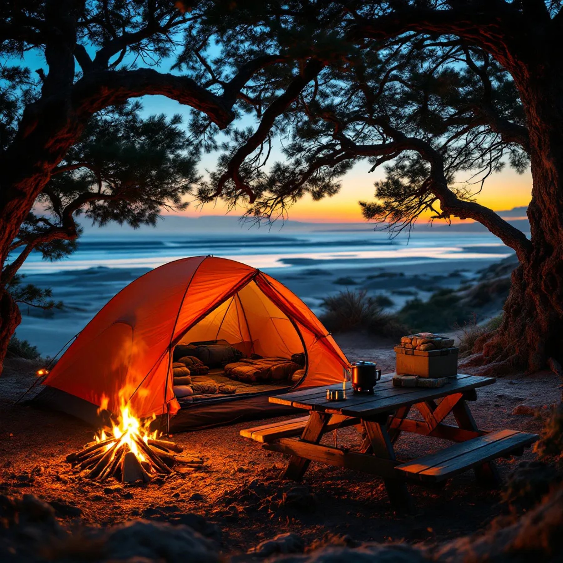 An orange tent rests among sandy dunes at San Diego Beach as the sun rises. A picnic table holds a small camping stove, while firewood and camping gear sit nearby. The clear sky and warm light create a peaceful morning campsite.