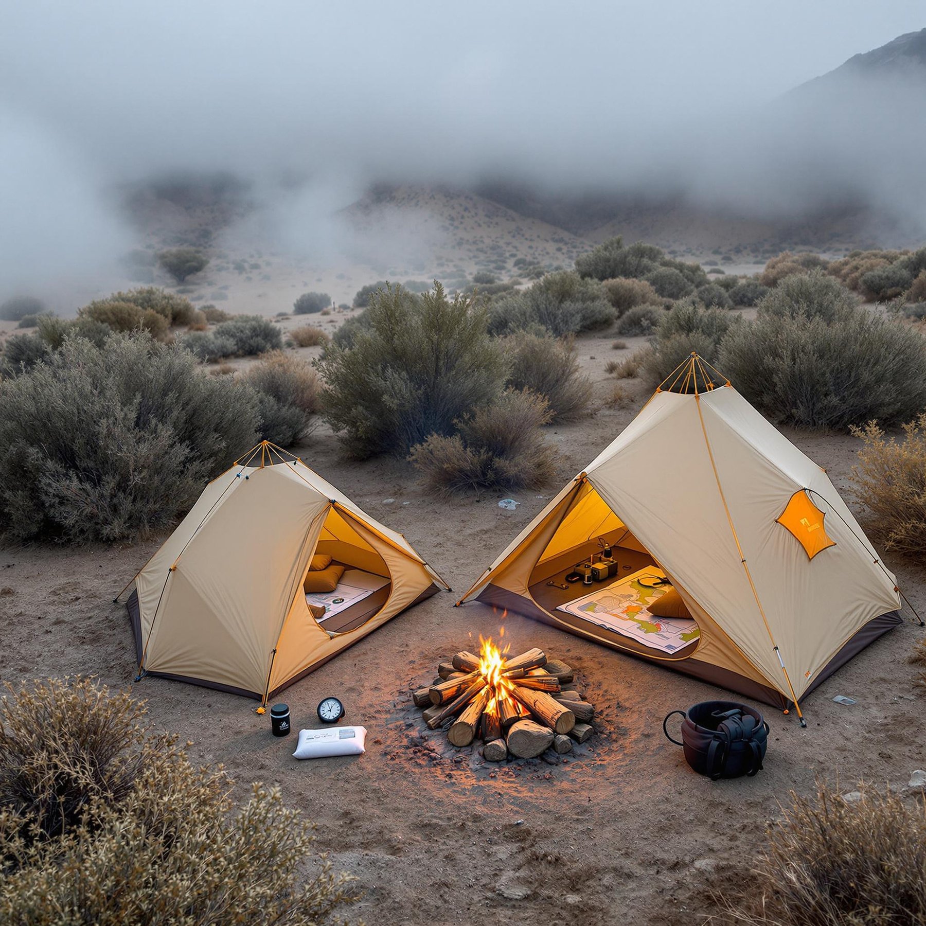In a peaceful desert setting, two cozy tents glow beside a crackling campfire under a misty sky. The smell of fresh air mixes with the warmth of the fire, creating a perfect hideaway. Bushes surround the campsite, adding to the tranquil and wild atmosphere.