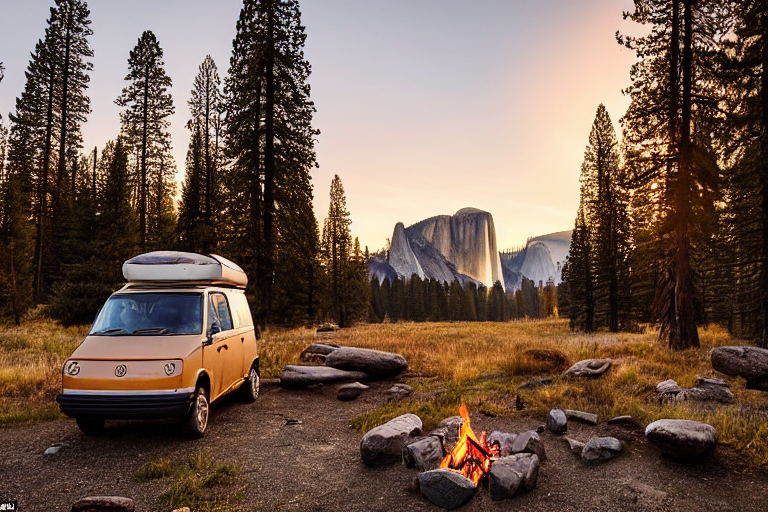 Three tan campervans rest on rocky ground in snowy Yosemite. A warm campfire glows among the stones as golden light shines over the rolling hills. In the distance, a person’s flashlight flickers through the quiet evening.
