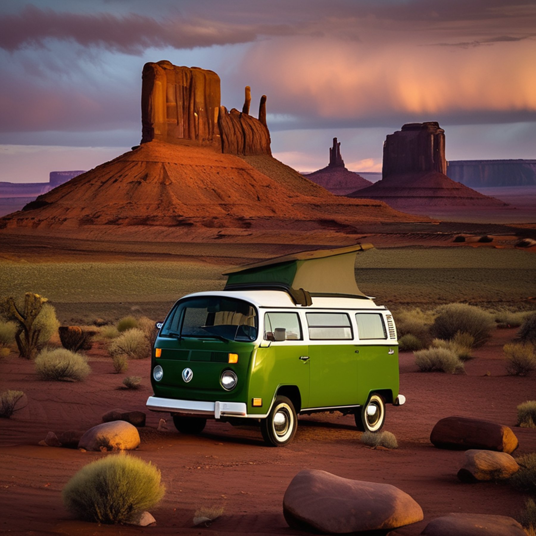 A forest-green camper van rests at a quiet campsite in Monument Valley as snow falls under the setting sun. A small campfire glows beside the van, with logs, stones, and a backpack nearby.