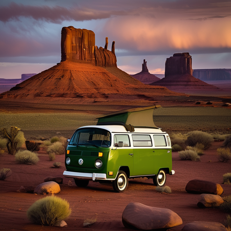 A forest-green camper van rests at a quiet campsite in Monument Valley as snow falls under the setting sun. A small campfire glows beside the van, with logs, stones, and a backpack nearby.