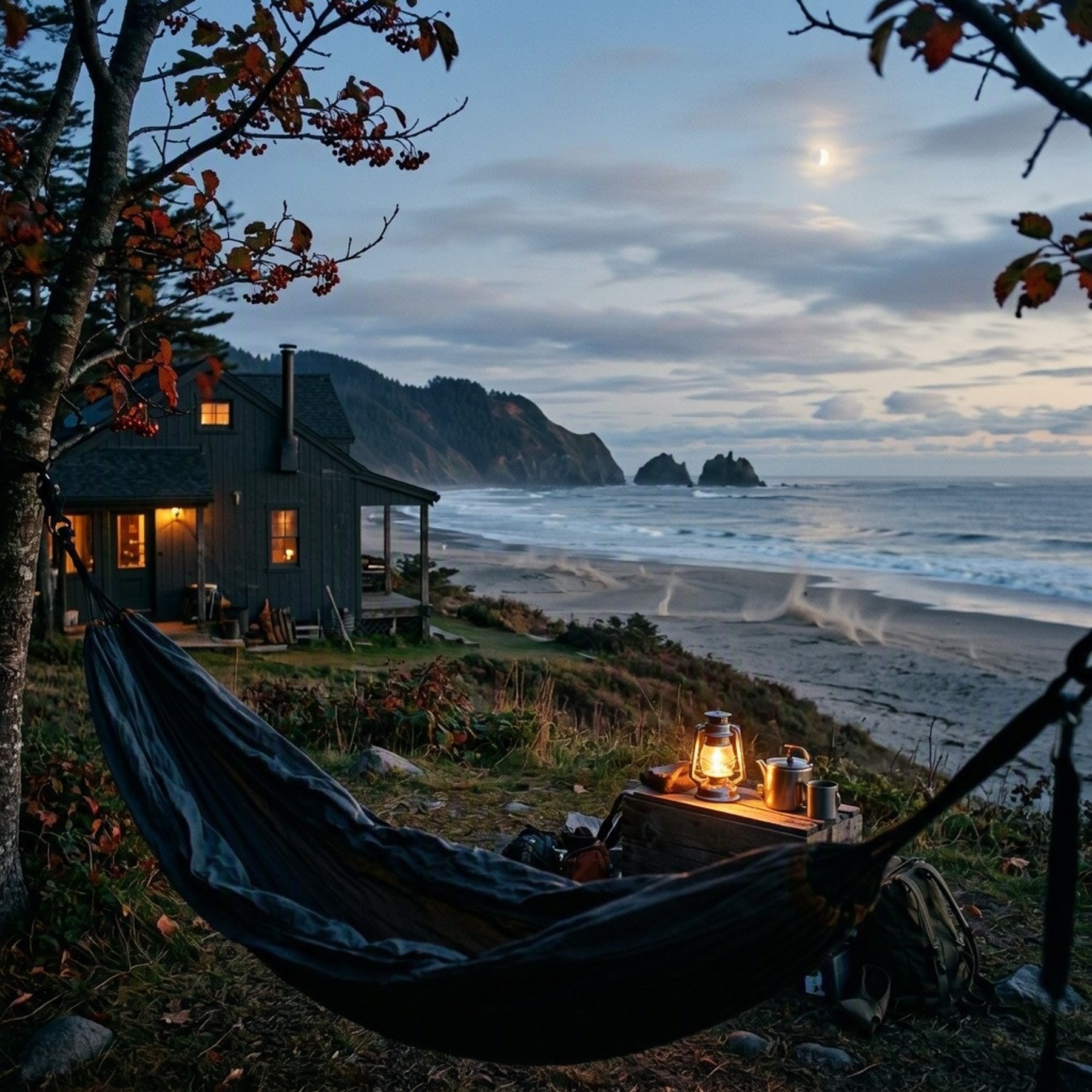 A quiet beach campsite rests beyond a meadow of wildflowers and autumn trees. A warm lantern glows beside a dark cabin, hammock, and neatly packed gear. Far away, tiny dust devils twist across the sand beneath the pale moon.