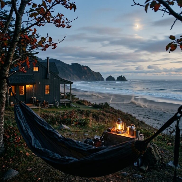 A quiet beach campsite rests beyond a meadow of wildflowers and autumn trees. A warm lantern glows beside a dark cabin, hammock, and neatly packed gear. Far away, tiny dust devils twist across the sand beneath the pale moon.