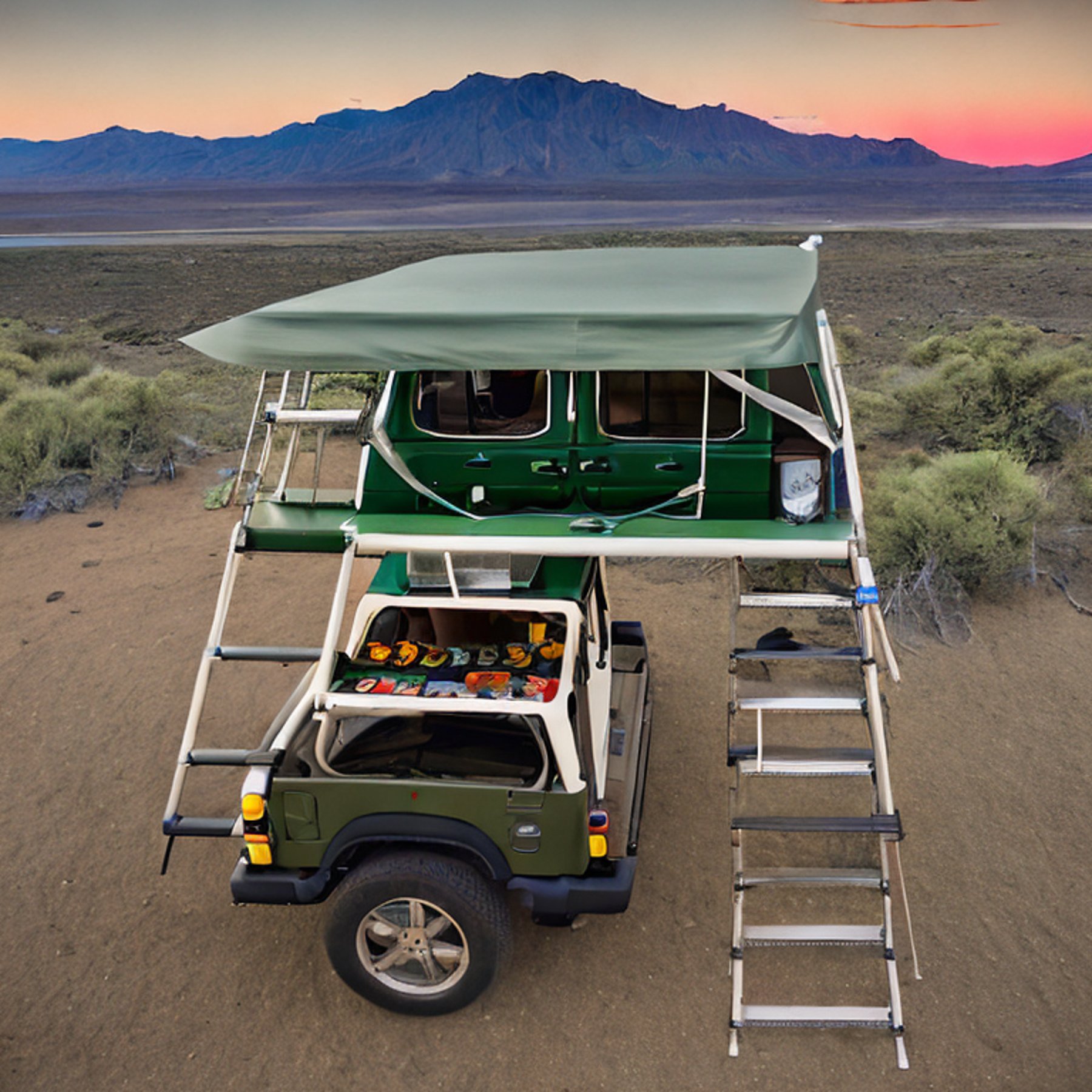 A green Jeep with a rooftop tent rests on a rocky campsite in Death Valley. A warm campfire glows beside the picnic table as stormy clouds gather over the distant mountain.