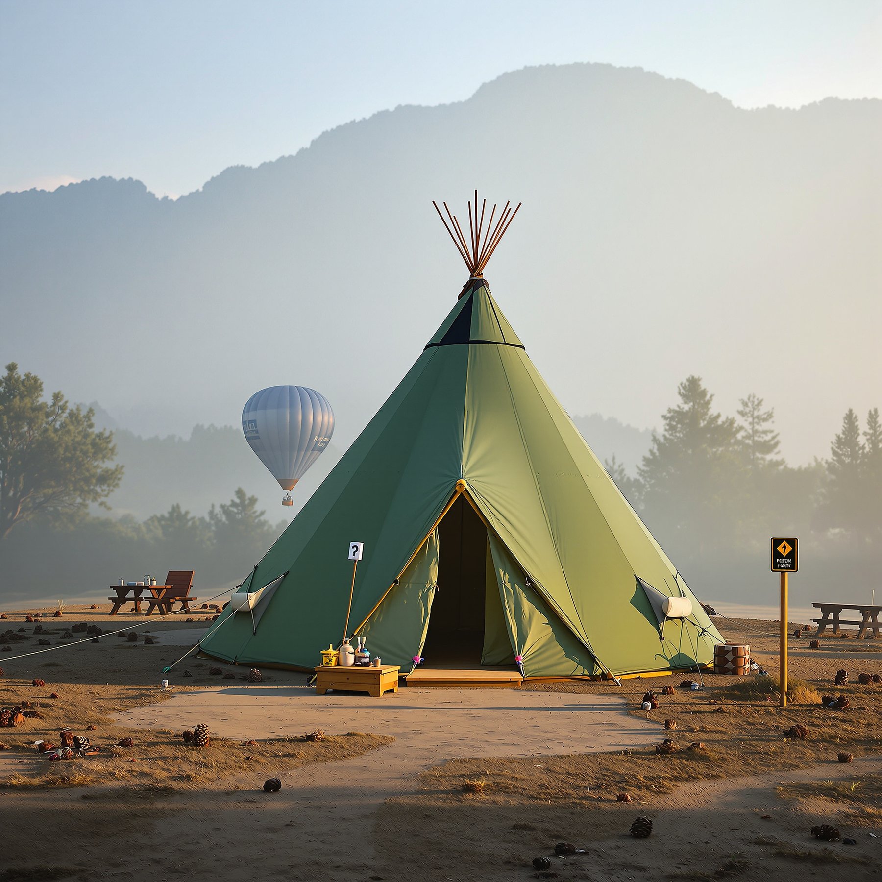 A cozy teepee tent sits in a peaceful campsite surrounded by tall trees and mountains. A hot air balloon floats gently in the sky, adding magic to the morning mist. Picnic tables and pine cones invite you to explore and relax in nature.
