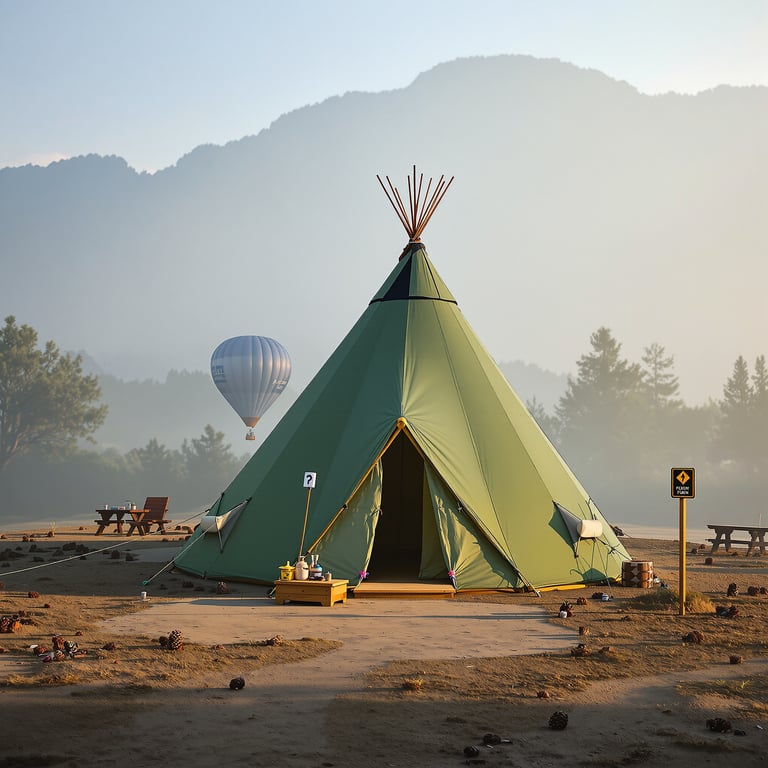 A cozy teepee tent sits in a peaceful campsite surrounded by tall trees and mountains. A hot air balloon floats gently in the sky, adding magic to the morning mist. Picnic tables and pine cones invite you to explore and relax in nature.