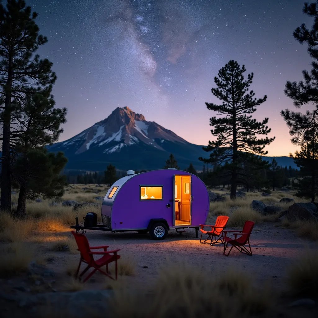 A purple teardrop trailer rests on dusty ground beneath a quiet Montana forest. Camping chairs sit nearby, with a mountain rising in the distance and a patch of starry sky shining through the trees.