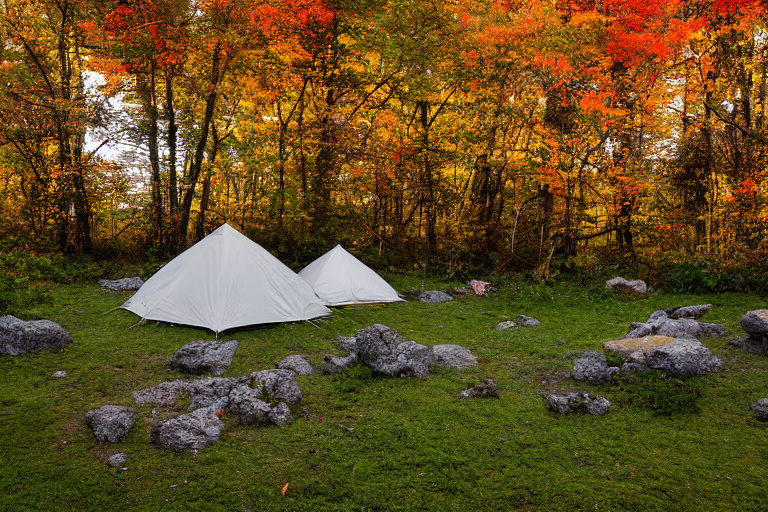 A colorful tent rests beside a hot spring at a quiet paved campsite. Fall trees with mossy trunks surround the gravel ground, while a picnic table sits nearby. Soft sunrise light shines beneath stormy clouds.