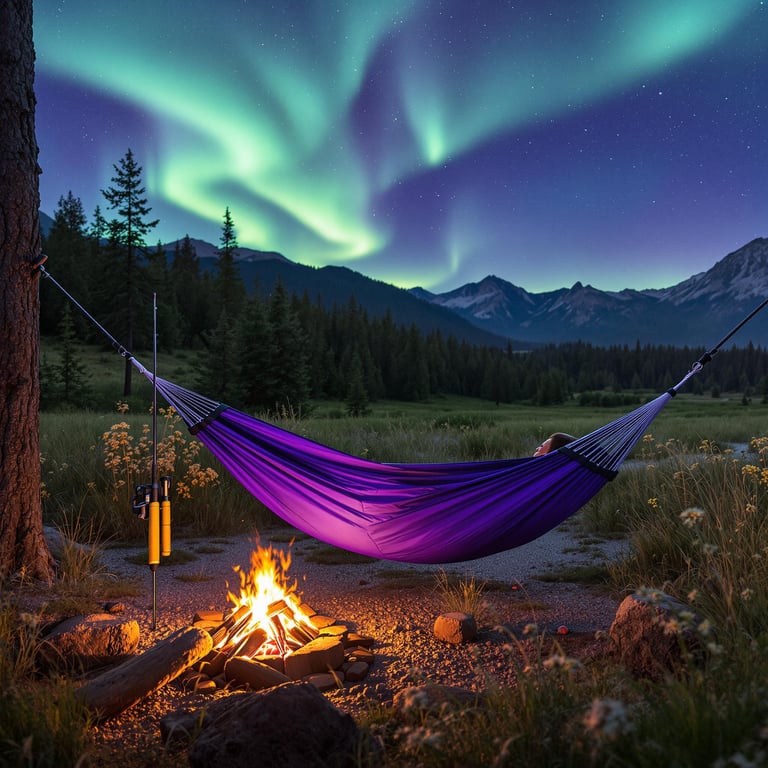 Relax in a cozy hammock by a warm campfire under the glowing northern lights. Tall pine trees and snowy mountains surround this peaceful spot. The night sky is full of stars, making it feel magical and calm.
