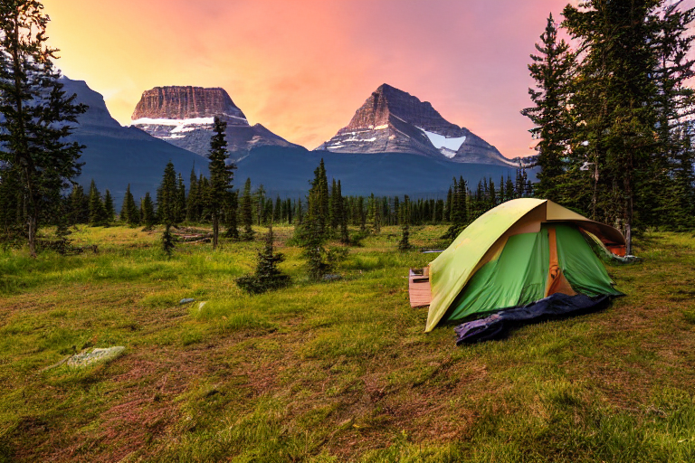 A green tent rests on a quiet dirt campsite in Glacier National Park. Fall-colored trees, tall grass, and misty mountains surround the camp as rain falls softly. A hammock hangs between the trees, making the spot feel cozy and peaceful.