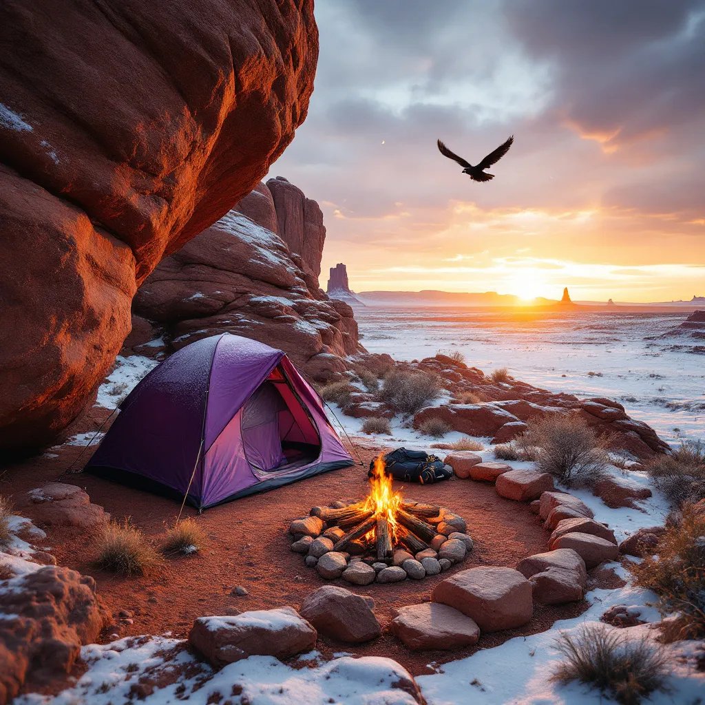 A purple tent rests beneath towering red rocks in snowy Monument Valley. A small campfire glows among the logs and stones, with a backpack nearby. Seen from a suspension bridge, the quiet campsite feels peaceful and wild as a bird flies overhead.