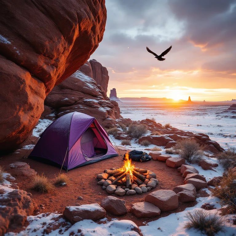A purple tent rests beneath towering red rocks in snowy Monument Valley. A small campfire glows among the logs and stones, with a backpack nearby. Seen from a suspension bridge, the quiet campsite feels peaceful and wild as a bird flies overhead.