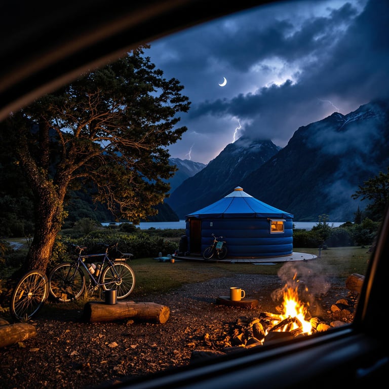 A blue yurt rests beneath the dark mountains of Milford Sound. A crescent moon glows above the stormy sky while lightning flashes far away. Nearby, a campfire warms a mug, and a bicycle waits beside the tent.