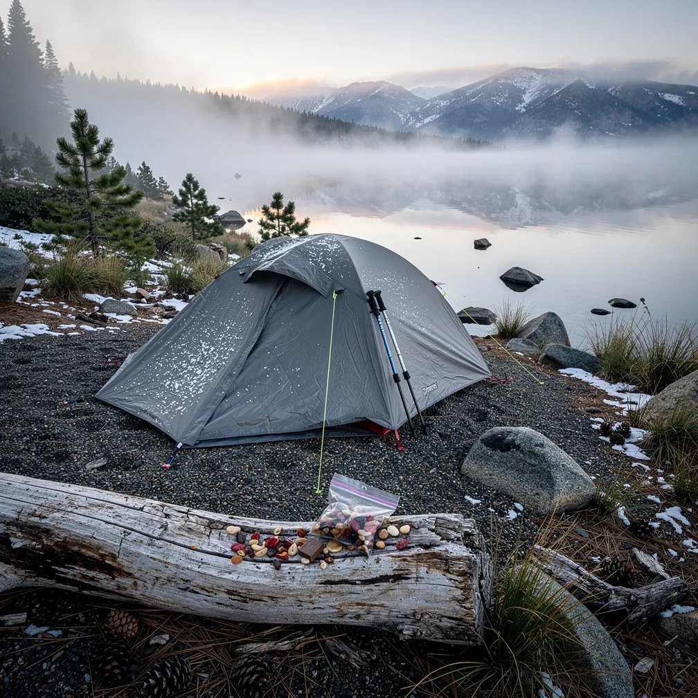 A quiet tent sits by the shore as dawn fog drifts over a still, mirror-like lake. Wet granite stones and scruffy grass shine in the cool morning light, with little pine trees nearby. A weathered log holds spilled trail mix, and the tent’s reflection looks crisp in the glassy water.