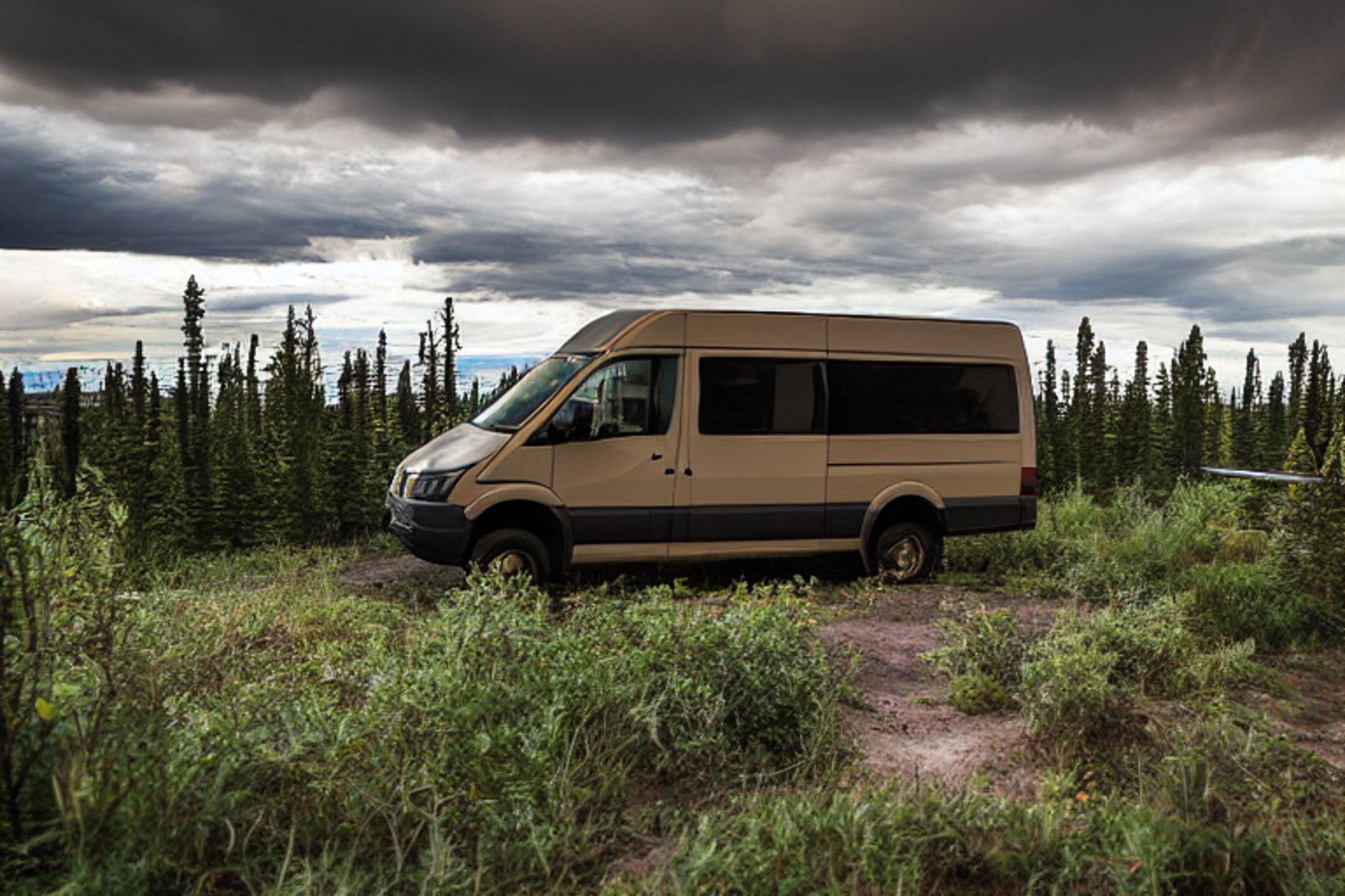 A tan camper van rests beside a quiet stream and a winding dirt path. Ferns surround the campsite, while a warm campfire glows under the stormy sky. Bright northern lights dance above the Colorado mountains.