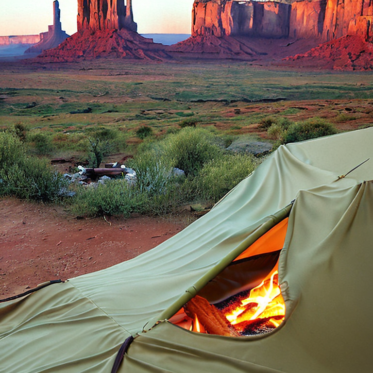 A green and tan tent rests on a rough campsite beneath the towering mountains of Monument Valley. A stone-ringed campfire and hammock add cozy touches, while rain and soft sunrise light create a calm, wild mood.