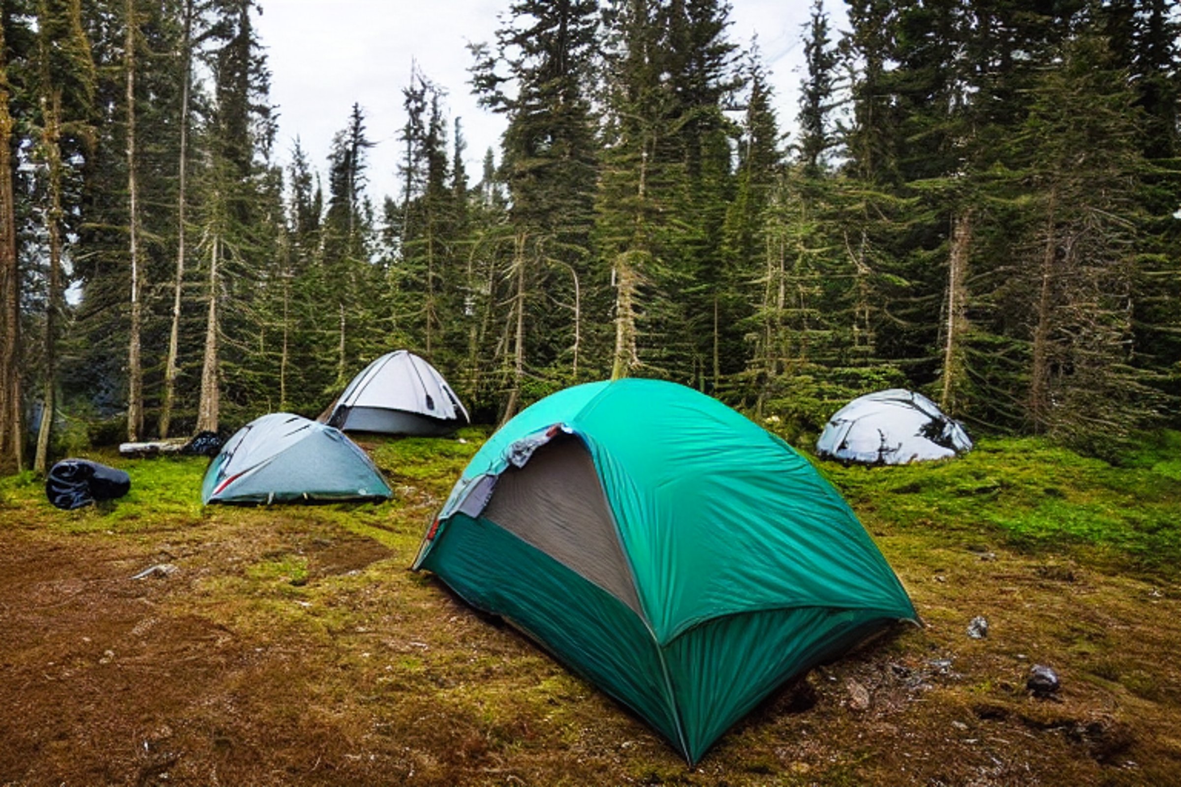 A green tent rests beside a warm campfire under a starry, cloudy sky. The campsite sits near a quiet lake, with rolling hills and tall trees all around. A lantern, clothesline, and stone-ringed fire add cozy details.