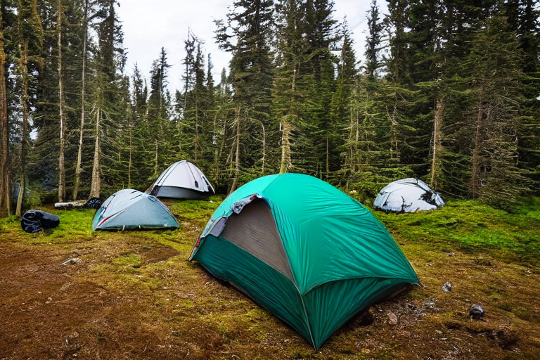 A green tent rests beside a warm campfire under a starry, cloudy sky. The campsite sits near a quiet lake, with rolling hills and tall trees all around. A lantern, clothesline, and stone-ringed fire add cozy details.