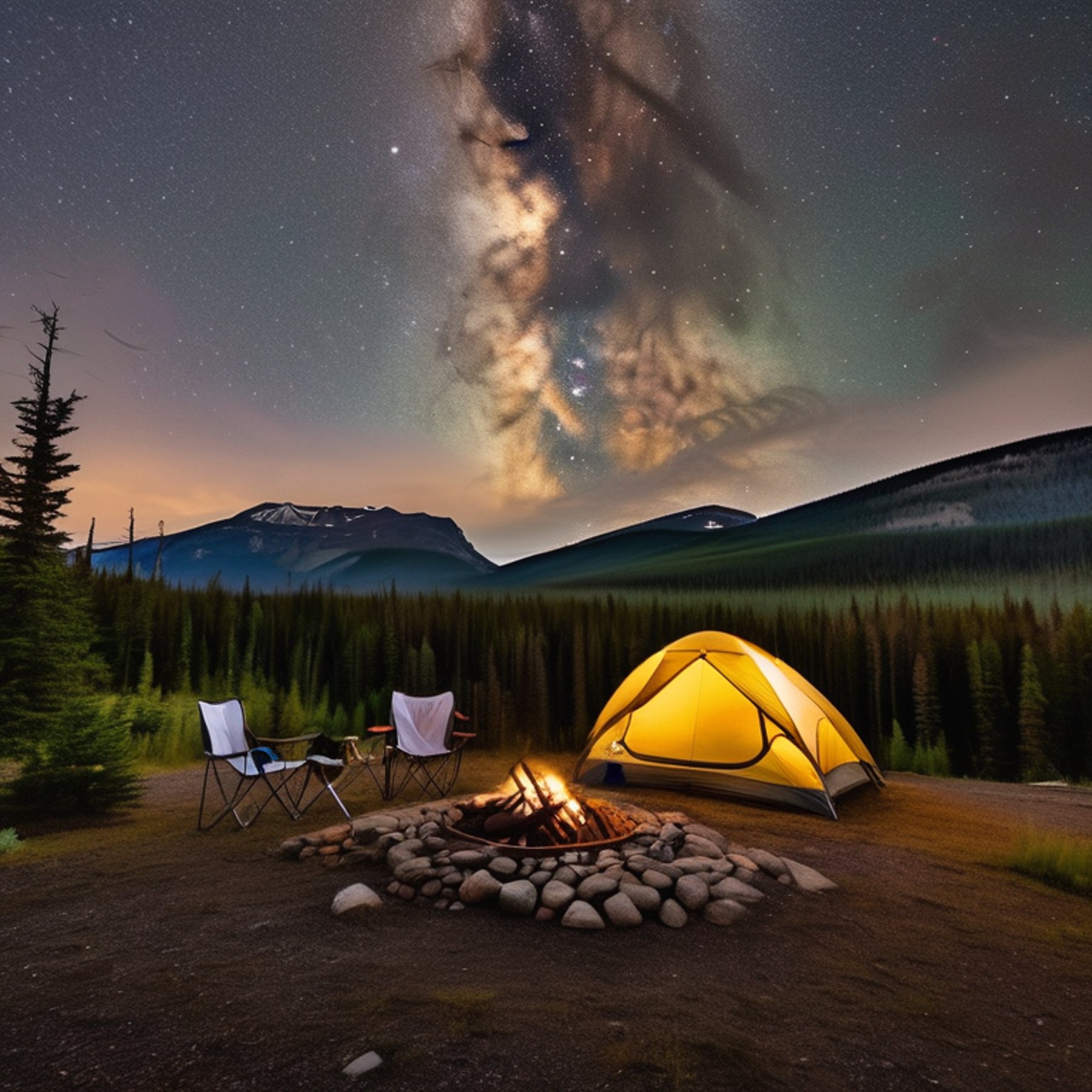 A cozy brown tent sits on a rainy campsite beneath the glowing northern lights. Camping chairs and a small campfire surround a patch of dirt, while the moon shines over the quiet Montana landscape.