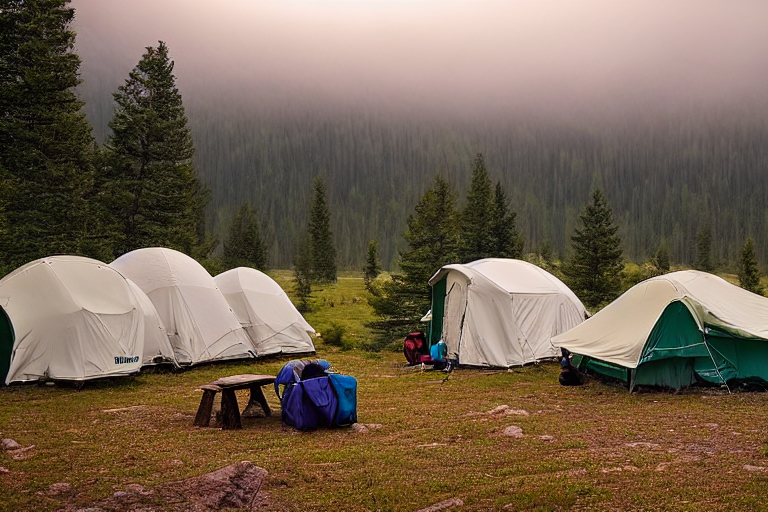 A green tent rests on a paved campsite in Montana as the sun sets behind the misty hills. Boulders and a white cooler sit nearby, while deer wander in the distance.