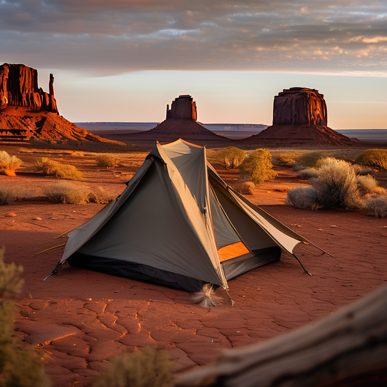 A gray and orange tent rests on a paved campsite beneath the misty sky of Monument Valley. A small campfire glows among the stones, while a deer stands quietly in the distance.