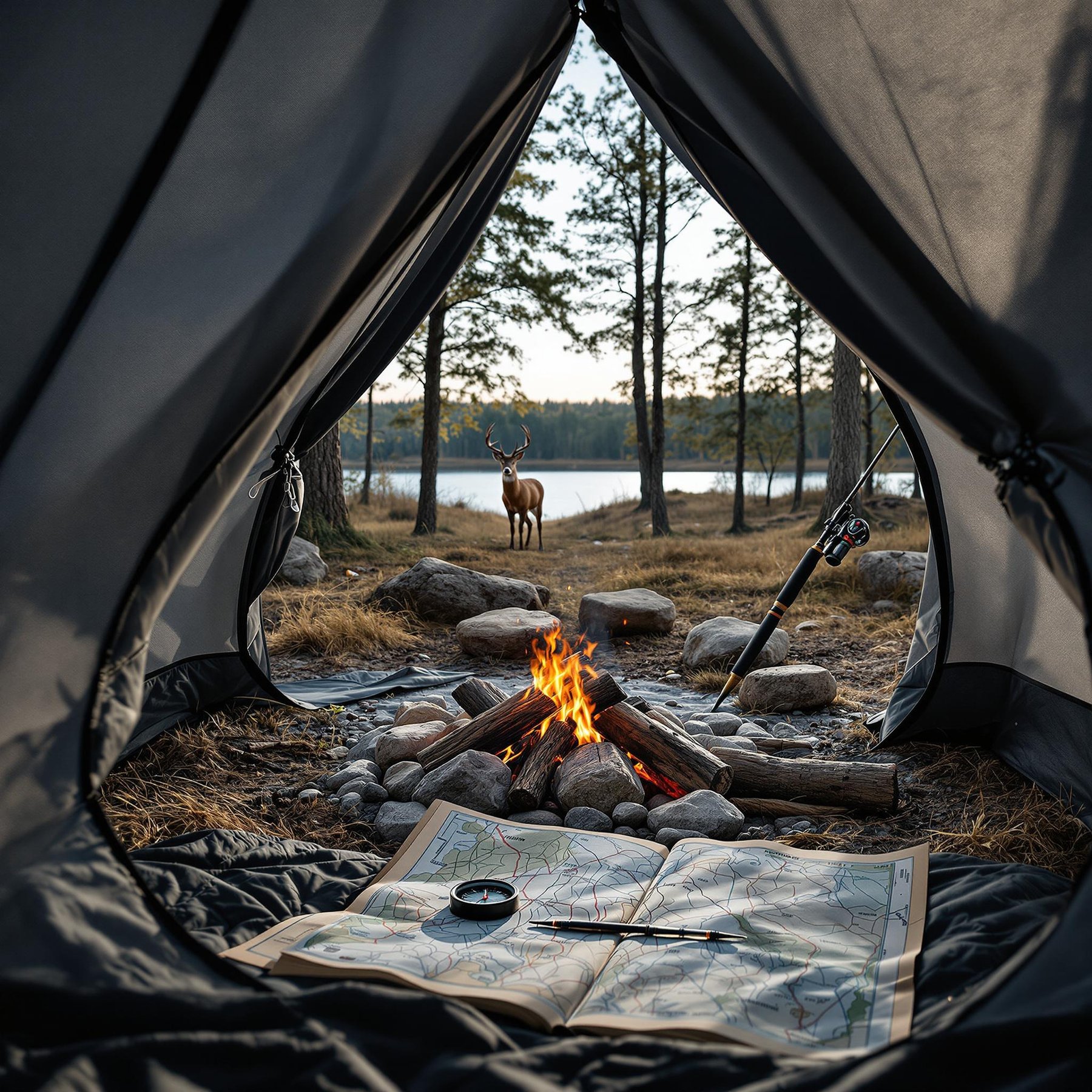 A dark gray tent rests among the trees along Minnesota’s North Shore. Nearby, a stone-ringed campfire, fishing rod, and map with a compass add to the outdoor adventure. A deer stands quietly in the distance beneath the clear sky.