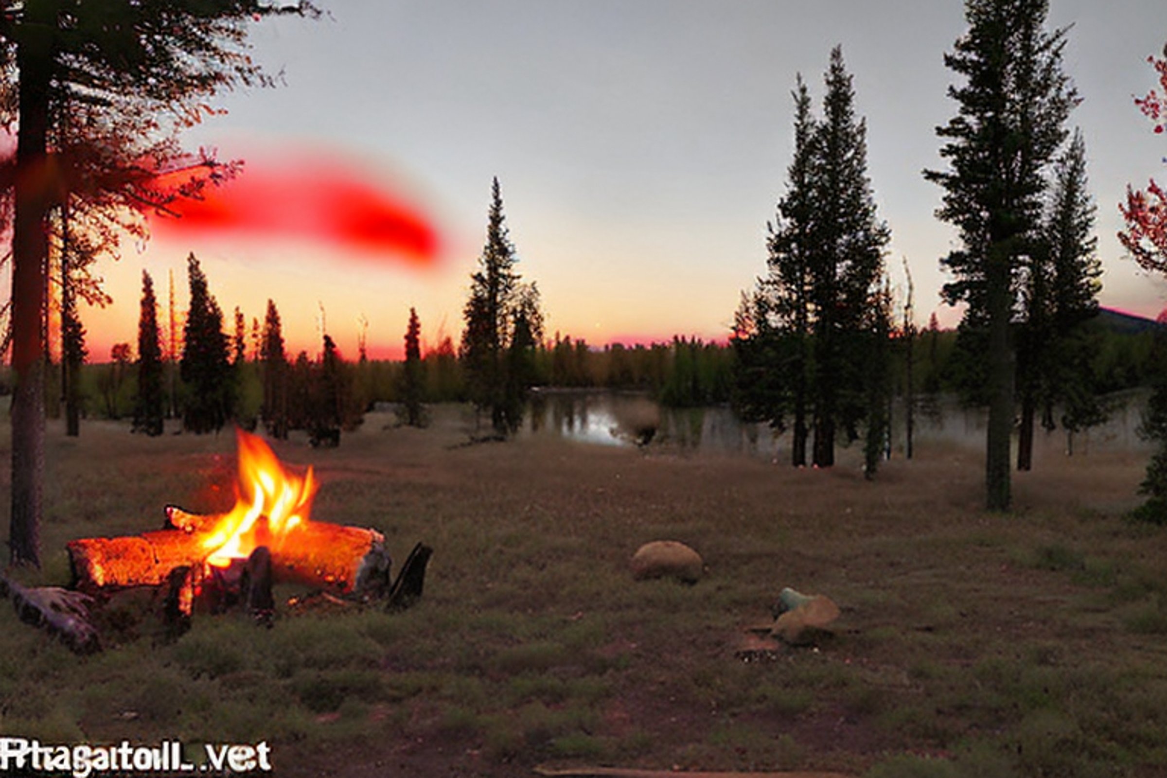 A bright red tent sits on a paved campsite beneath colorful fall trees. A small stream winds through the rainy Idaho plains, while a campfire warms the center of the site at dusk.