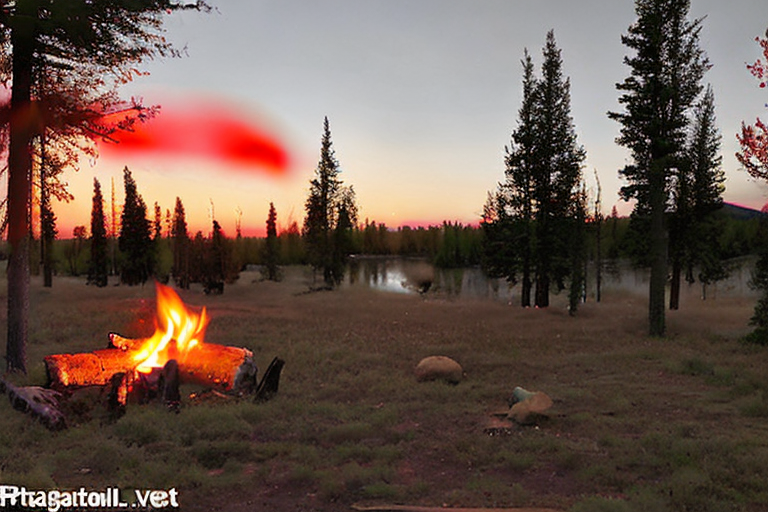 A bright red tent sits on a paved campsite beneath colorful fall trees. A small stream winds through the rainy Idaho plains, while a campfire warms the center of the site at dusk.