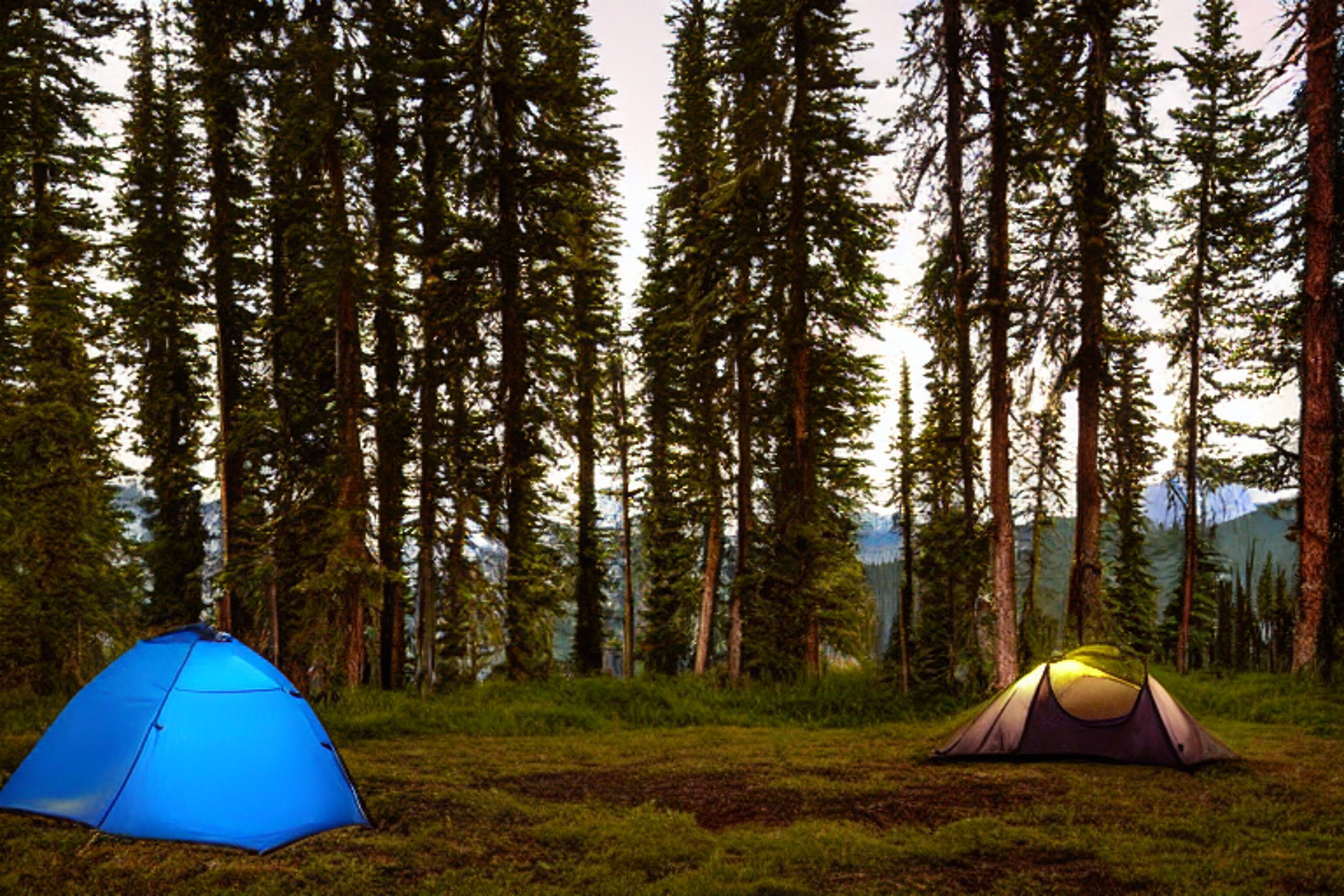 A blue tent rests among mossy trees in a rainy Montana campsite. A warm campfire glows beneath the dancing northern lights, while a distant camper shines a flashlight nearby. A car sits quietly under the tall trees.