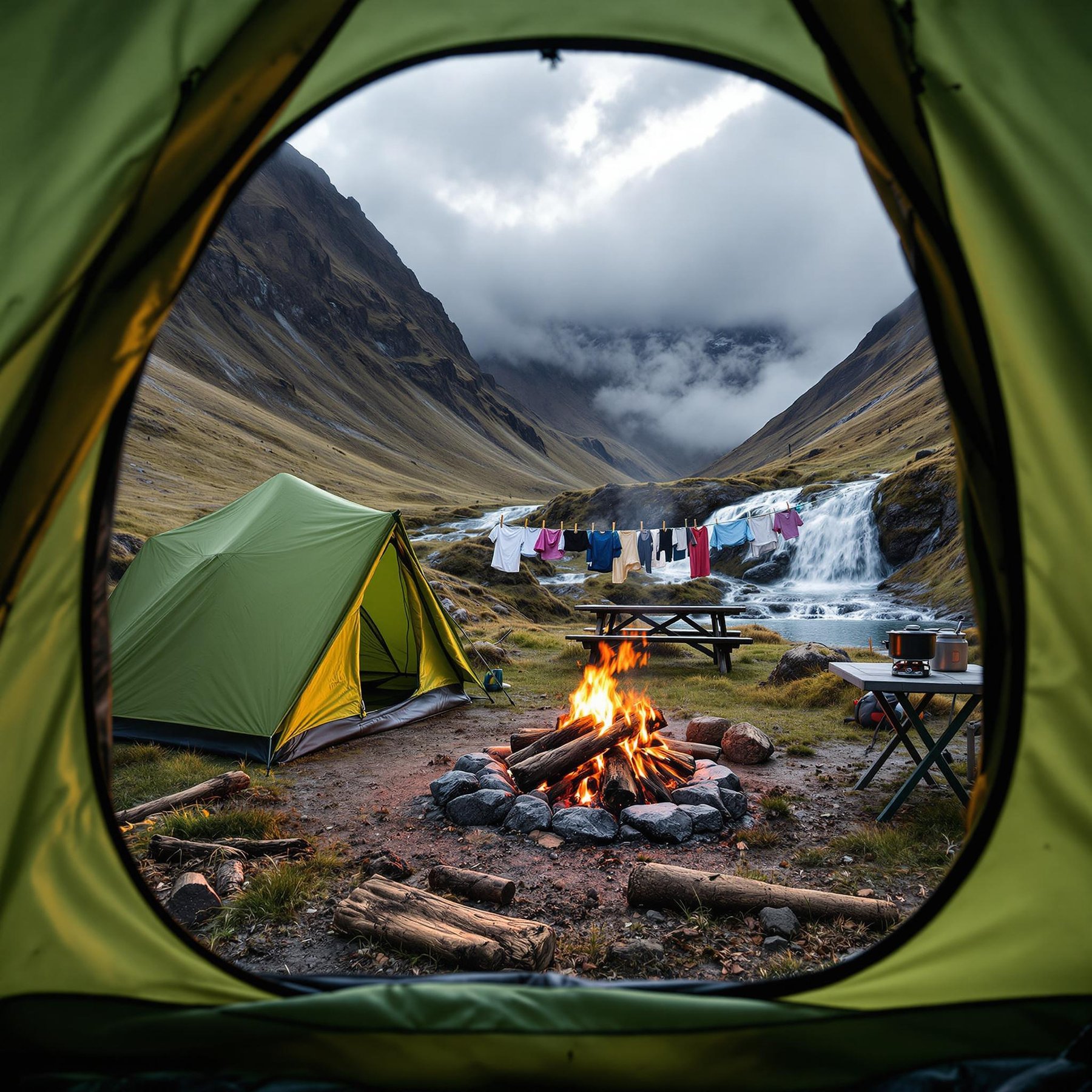 Cozy tents sit near a crackling campfire, surrounded by misty mountains and the gentle rush of a waterfall. Colorful clothes flutter on a line, adding cheer to the serene, wild landscape. It's the perfect place for adventure and peaceful moments in nature.