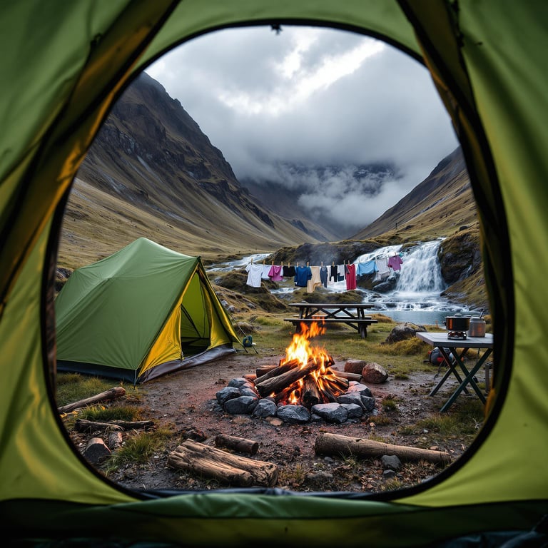 Cozy tents sit near a crackling campfire, surrounded by misty mountains and the gentle rush of a waterfall. Colorful clothes flutter on a line, adding cheer to the serene, wild landscape. It's the perfect place for adventure and peaceful moments in nature.