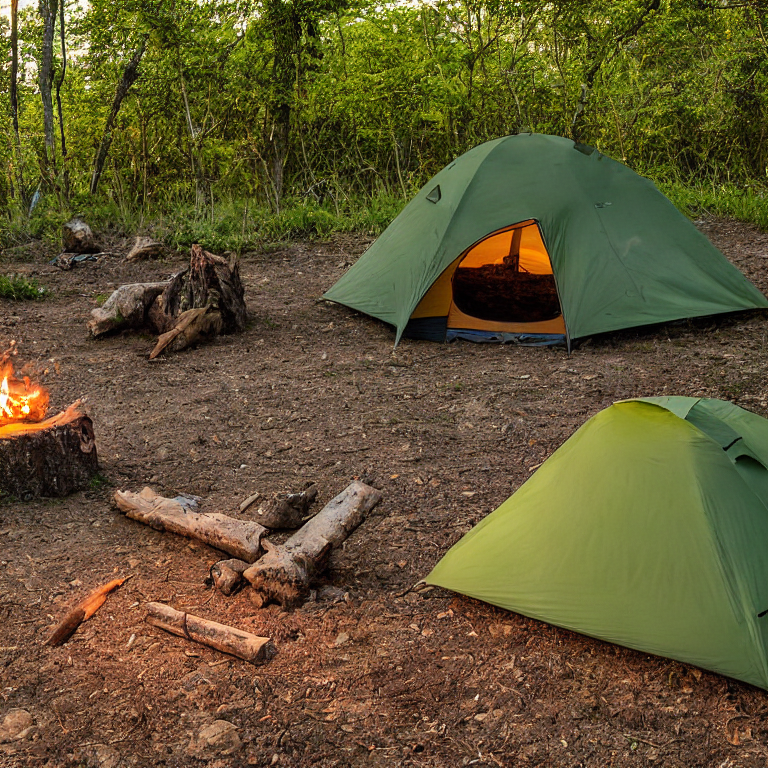 A tan tent glows softly on a dirt campsite at dusk in Biscayne National Park. A small campfire crackles among a ring of stones, while a distant camper shines a flashlight across the rugged ground.