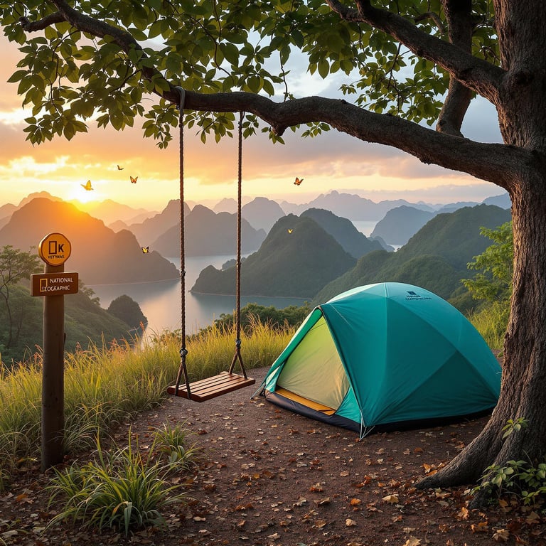 A bright blue tent sits under a big tree with a swing, surrounded by beautiful, misty green mountains and a glowing sunset. Butterflies flutter around, adding magic to the peaceful scene. It's a perfect spot for adventure and dreams!