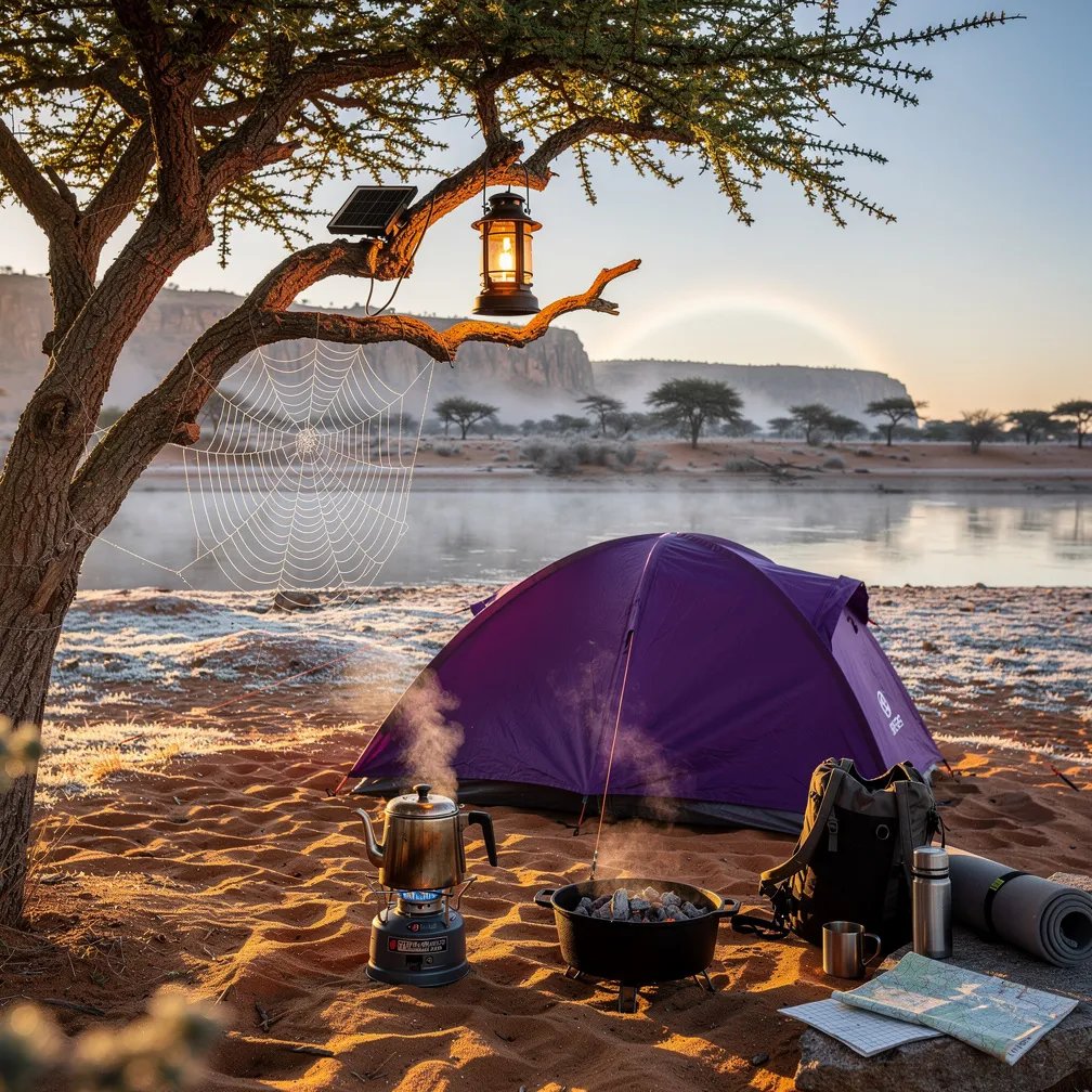 A purple tent sits by a dry riverbed in the Namib Desert, wrapped in soft golden sunrise light. Thin frost and low mist make the sand look quiet and magical, with a faint rainbow glow near the horizon. A lantern hangs from a thorny tree, and a tiny dew-covered spider web sparkles nearby. Coffee and a dutch oven warm up the campsite while the desert slowly wakes.