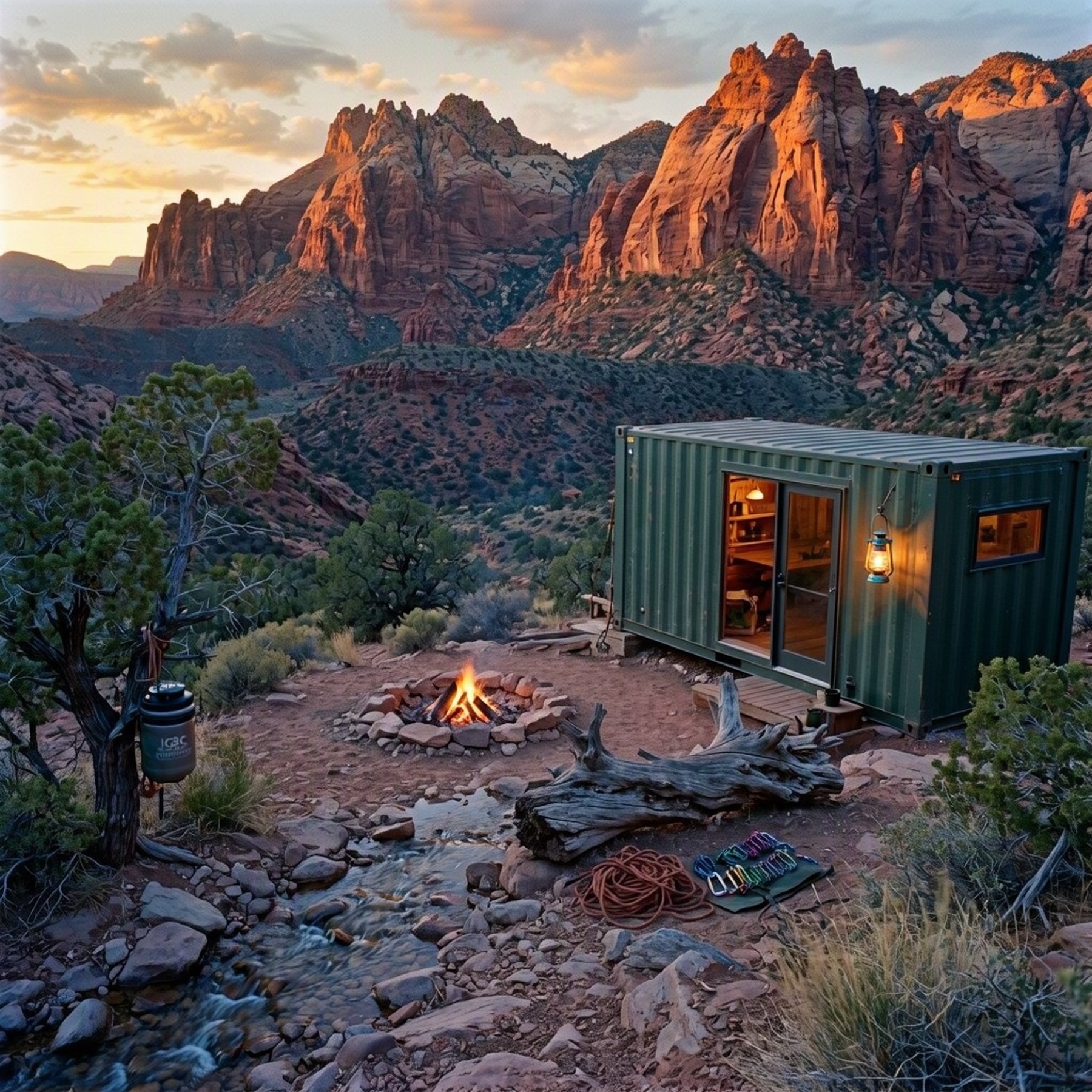 A quiet campsite rests beneath glowing red cliffs as sunset paints the desert in warm gold. A green cabin sits beside a shallow stream, with a small campfire, lantern, and climbing gear nearby. Wind moves softly through the dry grasses and juniper bushes.