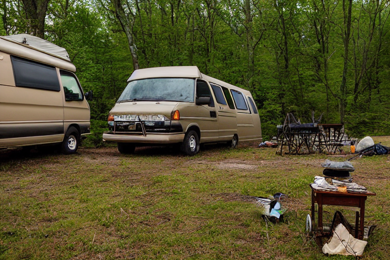 Two tan vans rest on a paved campsite in rainy Upstate New York. Ferns and twigs line the ground, while a guitar waits nearby under the dark, quiet sky.