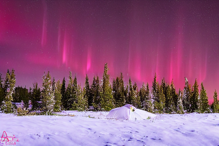 A red and white tent rests on a snowy campsite beneath bright green northern lights. Small trees, ferns, and a dirt path surround the peaceful spot, while a deer stands in the distance.