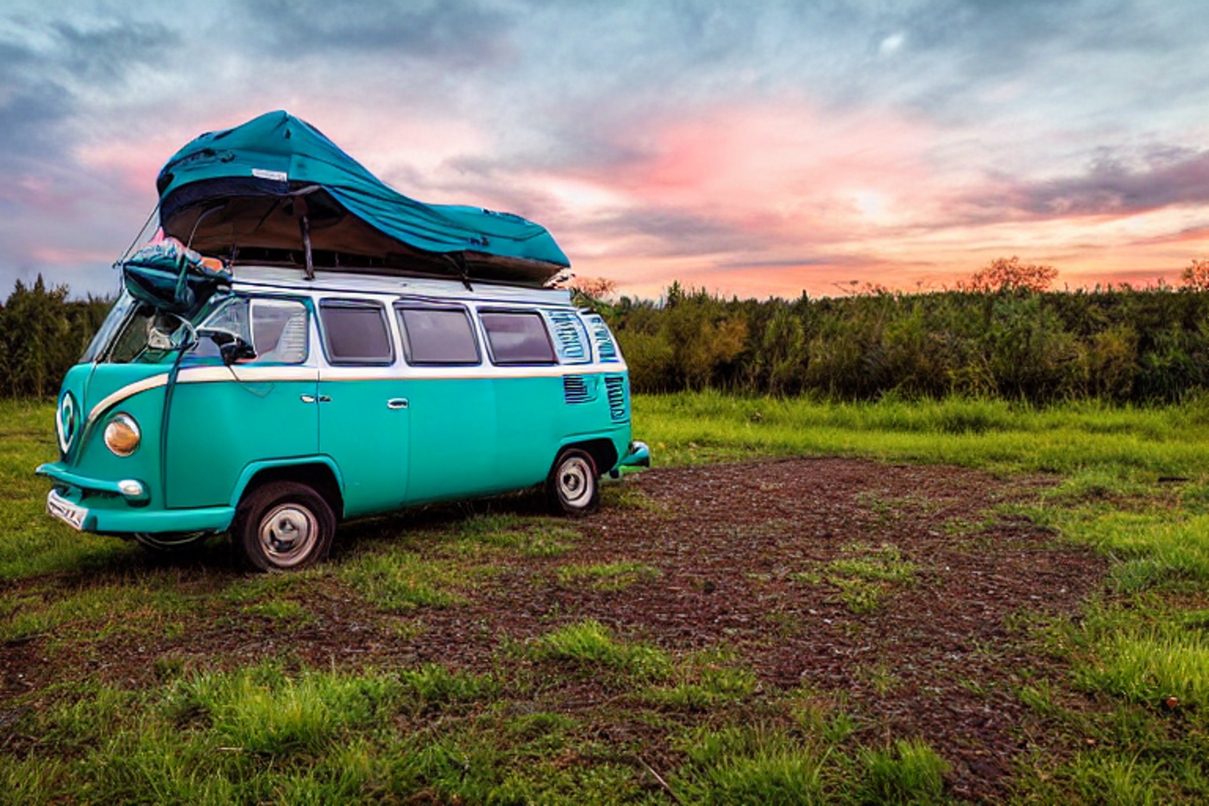 A teal campervan rests at a quiet campsite beside the river. Snowy ground, fallen leaves, and tall grass surround the dirt parking area as the sunset casts a soft golden glow.