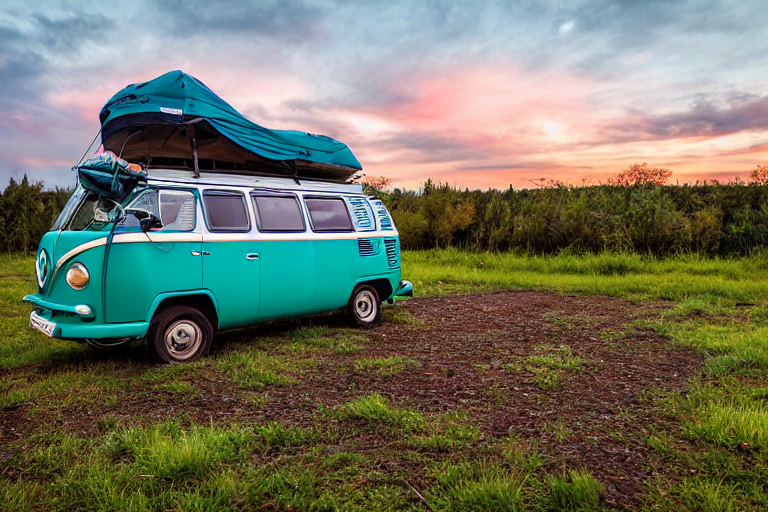 A teal campervan rests at a quiet campsite beside the river. Snowy ground, fallen leaves, and tall grass surround the dirt parking area as the sunset casts a soft golden glow.