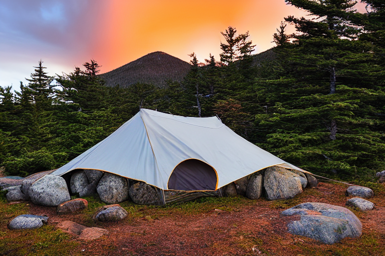 A cozy tent rests on a quiet dirt campsite in Acadia National Park. Snow-dusted, mossy trees and large boulders surround the site, while a mountain rises in the distance beneath the warm sunset sky.