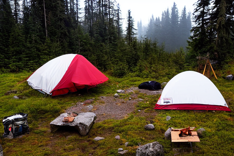 A red-and-white tent rests on a dirt clearing in the foggy forests of Vancouver Island. A gentle stream, parked car, and white cooler sit nearby, while logs circle a quiet campfire. Surfers add a touch of adventure to the peaceful campsite.