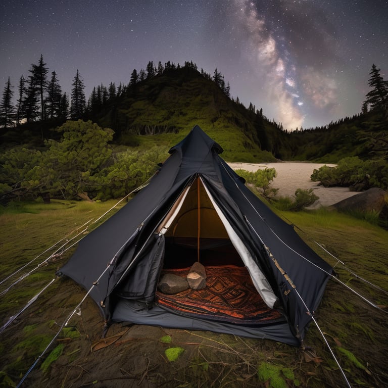A black tent rests on a quiet beach beneath moss-covered trees. A wooden guitar and large rock sit nearby as soft blue-hour light fills the partly cloudy sky. The scene is viewed through a tent mesh window, making the campsite feel cozy and secluded.