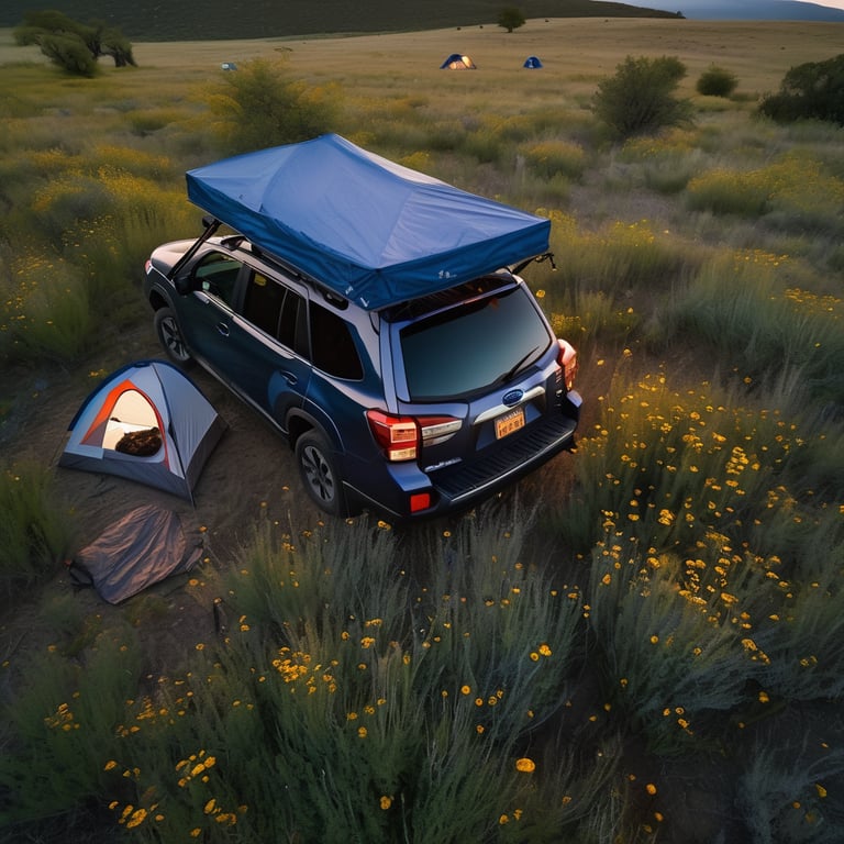 A blue Subaru with its rooftop tent open rests in a wildflower field at blue hour. A small flashlight glows in the distance, while a backpack and cooler sit nearby. Small trees surround this peaceful campsite.